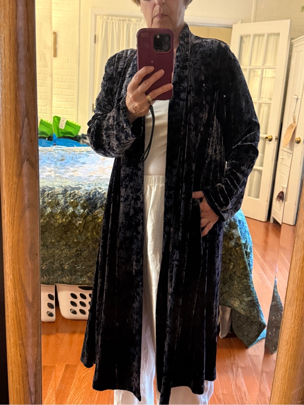 Eileen Fisher Black Velvet Long Open Front Coat